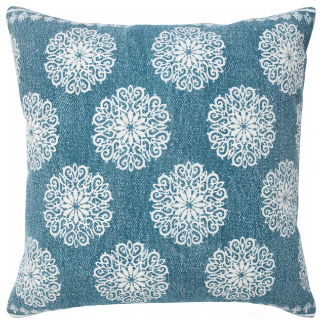 20" X 20" Lagoon Blue And White 100% Cotton Floral Zippered Pillow