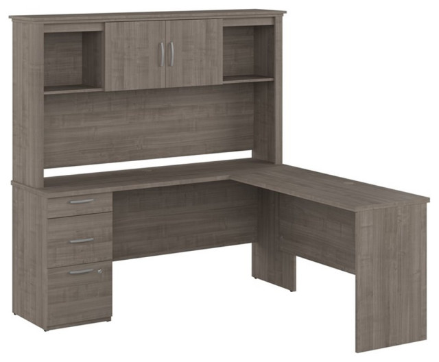 Bestar Logan LShaped Engineered Wood Desk with Hutch in Silver Maple Desks And Hutches by