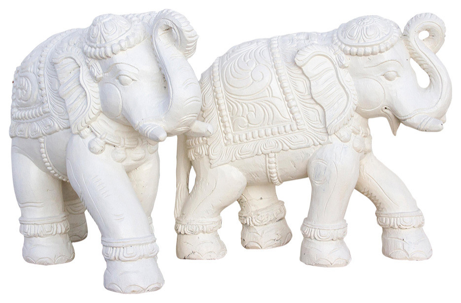 Set of 2, Painted White Elephant Statues Mediterranean Decorative