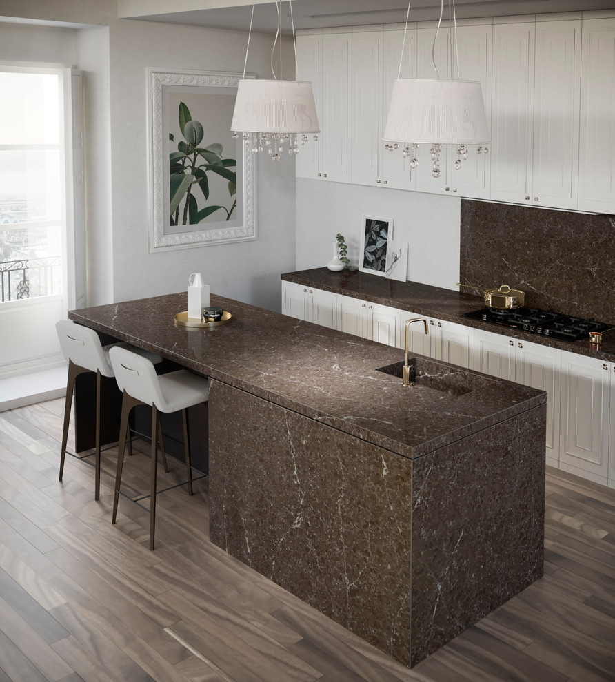Inspiration for a transitional kitchen remodel with quartz countertops, an island and brown countertops
