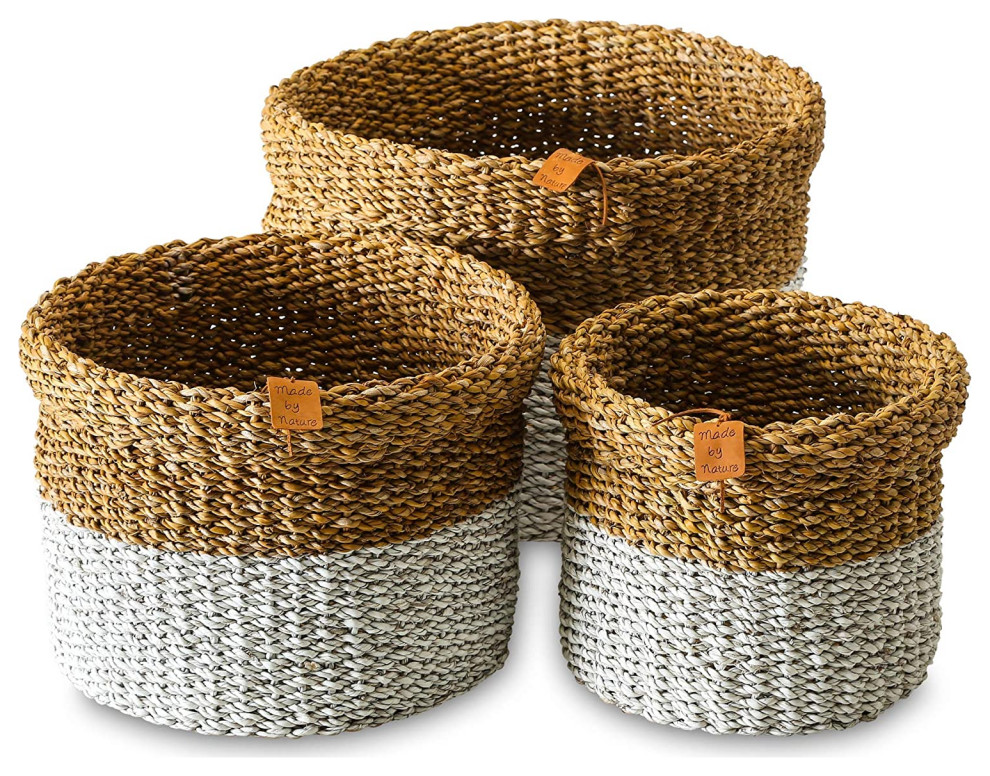 3 Piece Wicker PaintDipped Basket Set, Seagrass Beach Style