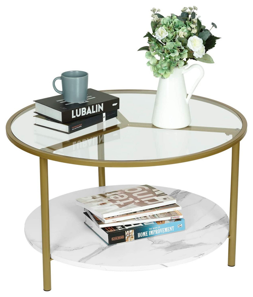 Contemporary Coffee Table, Metal Frame With Round Glass Top & Lower