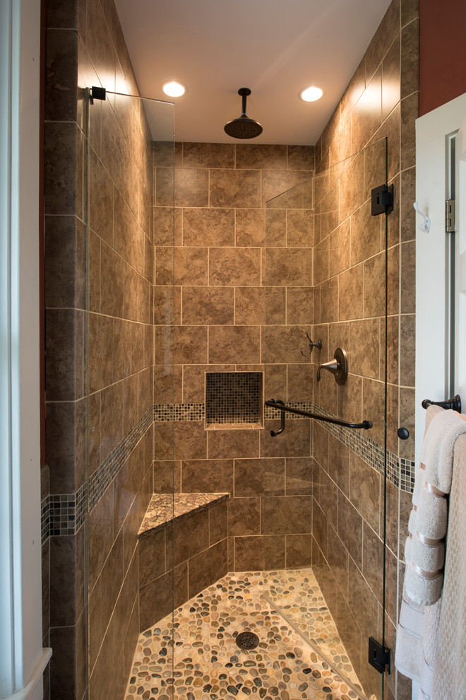 Inspiration for a mid-sized transitional 3/4 gray tile and ceramic tile porcelain tile alcove shower remodel with a vessel sink, shaker cabinets, dark wood cabinets, quartz countertops, a two-piece toilet and red walls
