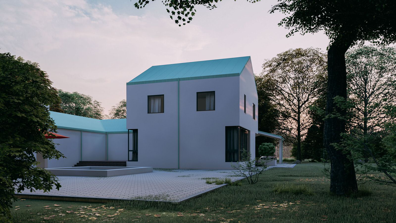 Загородный дом с остекленной терассой и гаражом.