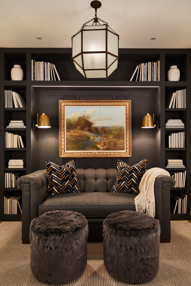 Design ideas for a transitional master bedroom in Austin with black walls.