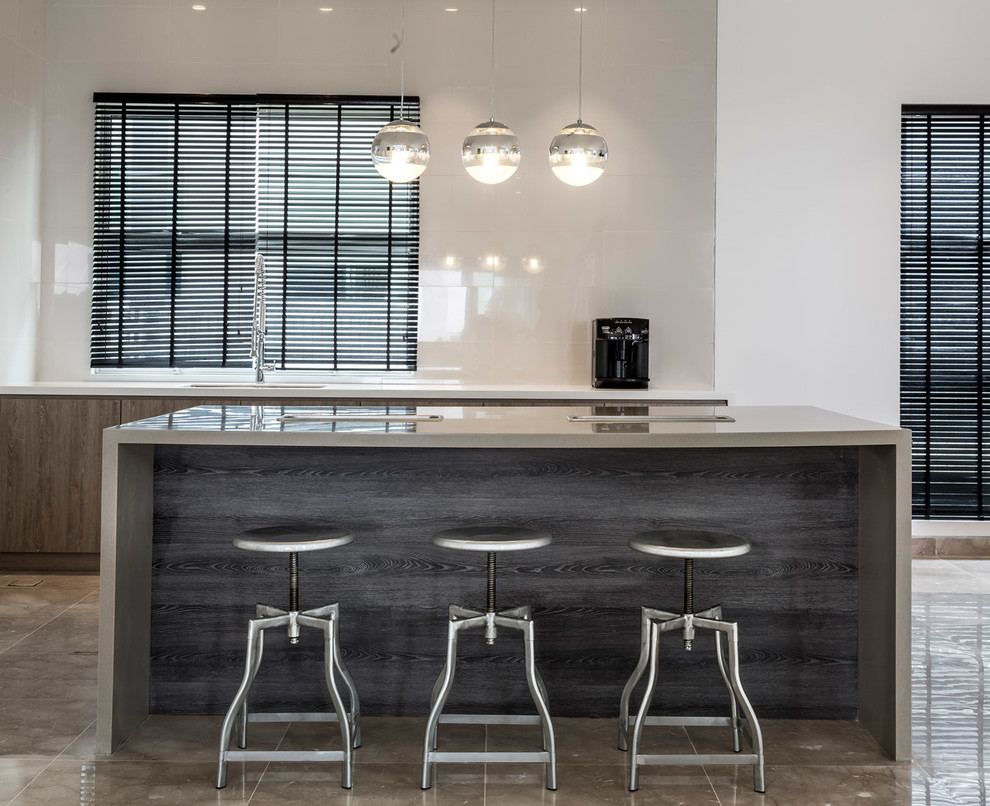 Design ideas for a mid-sized contemporary single-wall eat-in kitchen in Singapore with a single-bowl sink, flat-panel cabinets, light wood cabinets, quartz benchtops, ceramic splashback, stainless steel appliances, marble floors and with island.