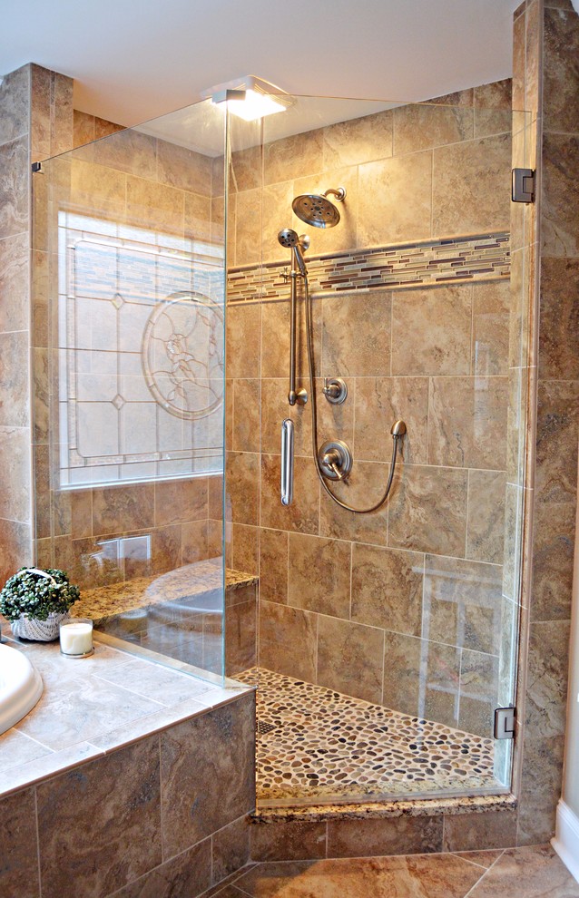 Huge trendy master brown tile and porcelain tile porcelain tile bathroom photo in Atlanta with an undermount sink, raised-panel cabinets, medium tone wood cabinets, granite countertops, a one-piece toilet and beige walls