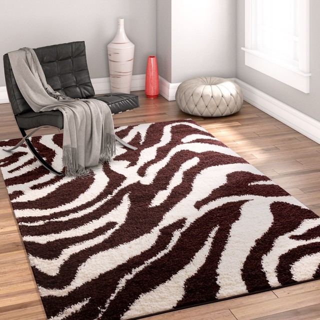 Well Woven Madison Shag Safari Zebra Animal Print Brown Rug