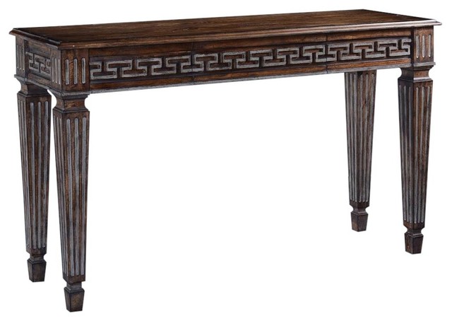Console Greek Key Carved Solid Wood Rustic Pecan Fluted Legs