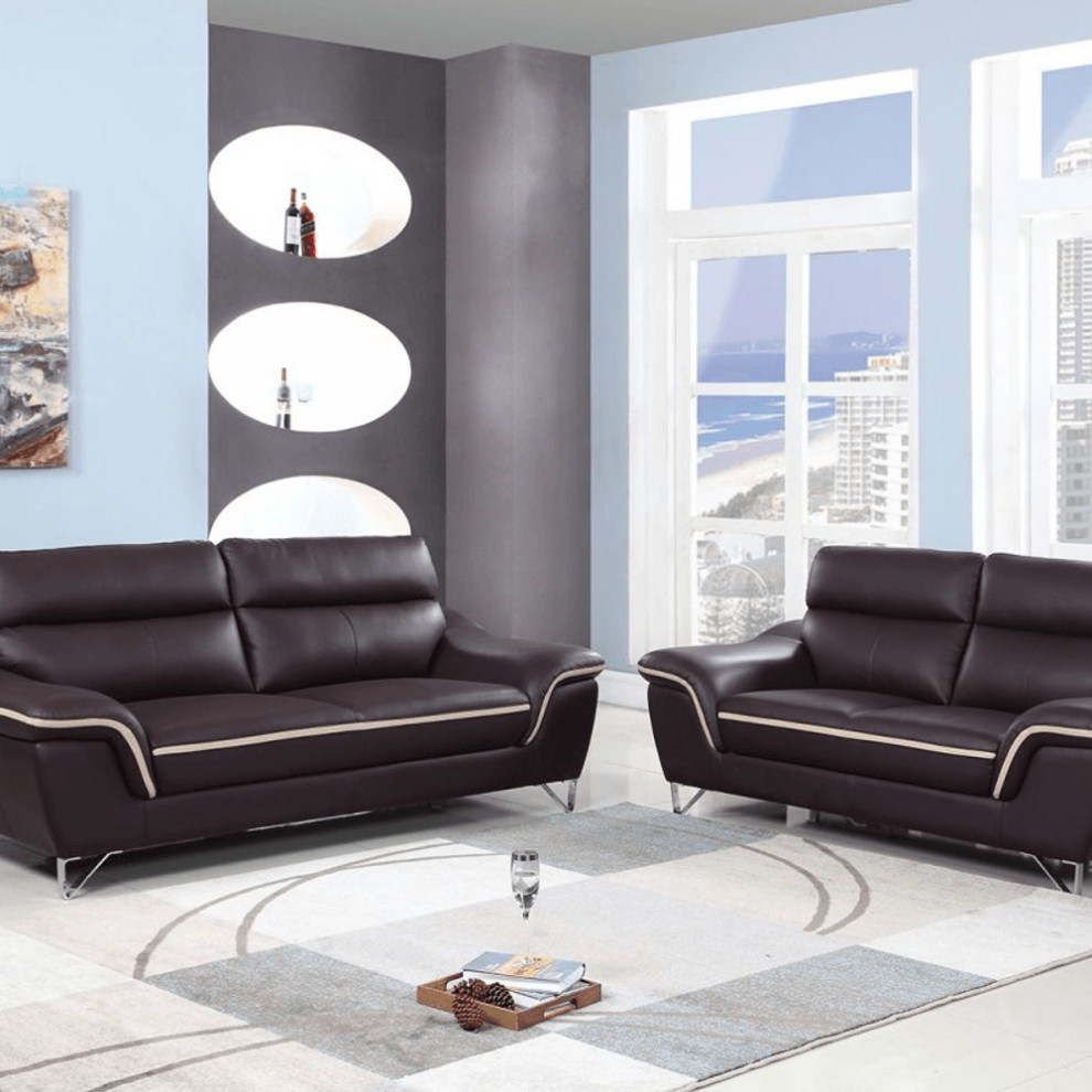 69'" X 36" X 40'" Modern Brown Leather Sofa And Loveseat Midcentury
