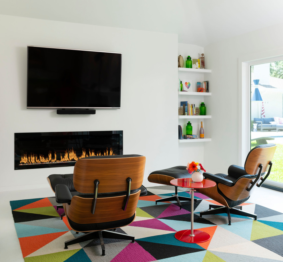 Example of a mid-sized minimalist open concept concrete floor, white floor and exposed beam living room design in Dallas with white walls, a ribbon fireplace and a wall-mounted tv