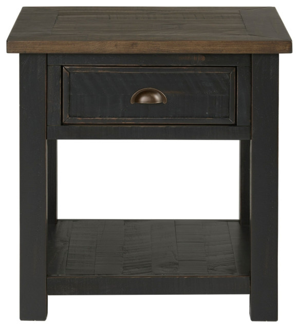 Fiya 24 Inch Coastal End Table Drawer Shelf Miter Cut Top Brown Black