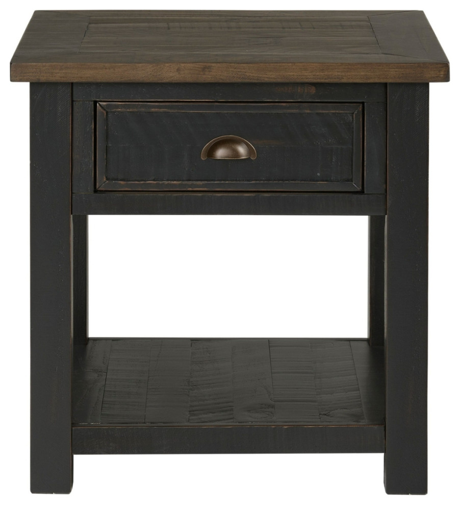 Fiya 24 Inch Coastal End Table Drawer Shelf Miter Cut Top Brown Black