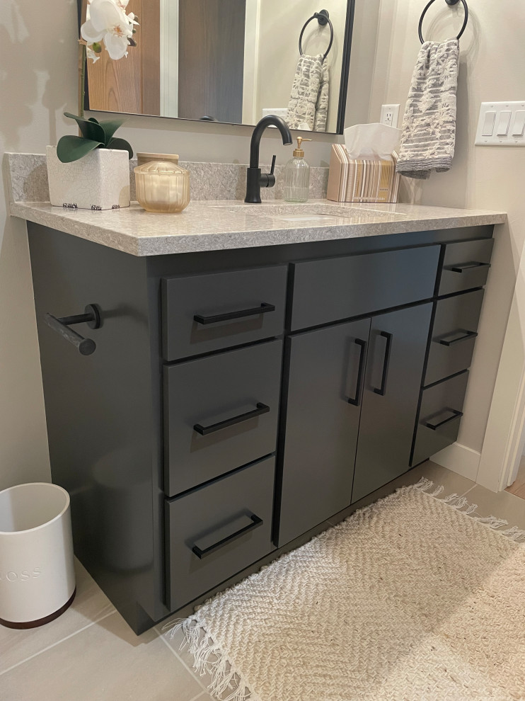 Inspiration for a scandinavian single-sink bathroom remodel in Other with flat-panel cabinets, gray cabinets and a built-in vanity
