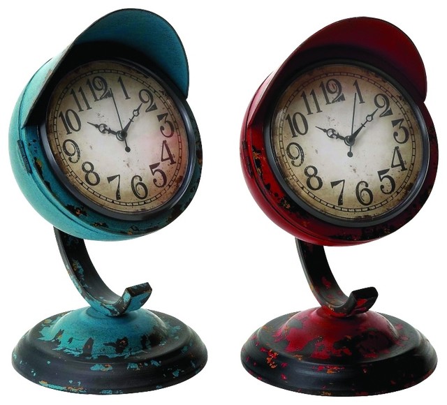 Old Fashioned Set Two Table Clocks Blue Red Metal Frames ...