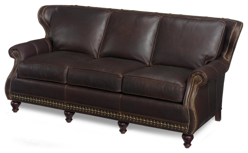 Leather Sofa Wood Brown Leather Upholstered Wing Back Nailhead