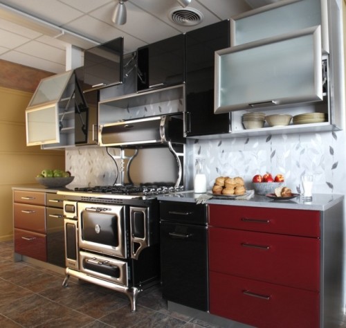 Photo of a modern galley eat-in kitchen in Philadelphia with flat-panel cabinets, red cabinets, quartz benchtops, multi-coloured splashback, glass sheet splashback and black appliances.