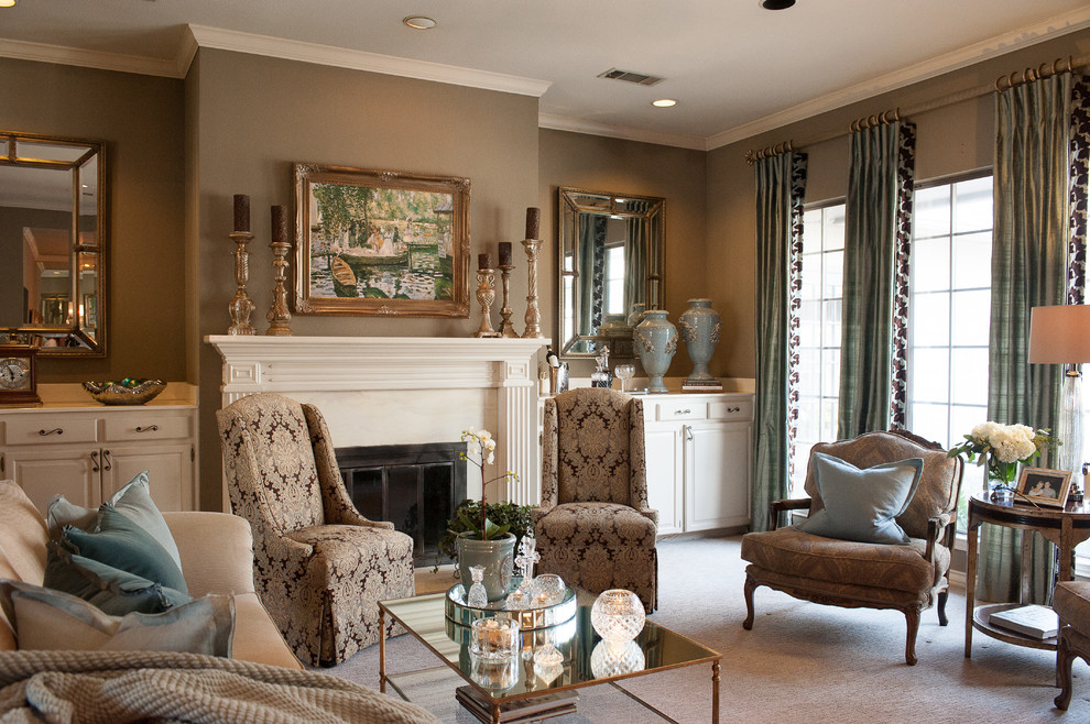 Design ideas for a large traditional formal enclosed living room in Dallas with brown walls, carpet, a standard fireplace, a plaster fireplace surround and no tv.