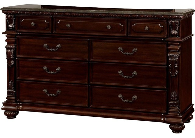 Wooden Dresser With Marble Top And 9 Drawers Dark Cherry Brown