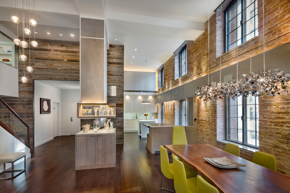 Inspiration for a large contemporary open plan dining in New York with dark hardwood floors, no fireplace, multi-coloured walls and brown floor.