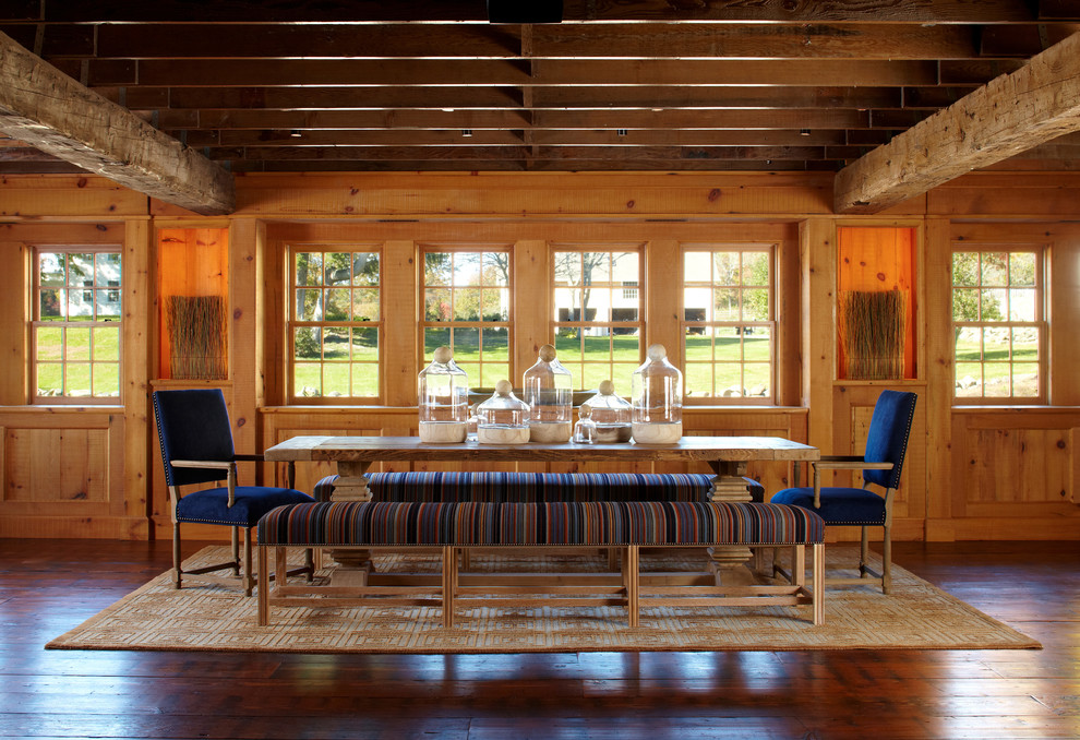 Design ideas for a country dining room in Providence with dark hardwood floors.