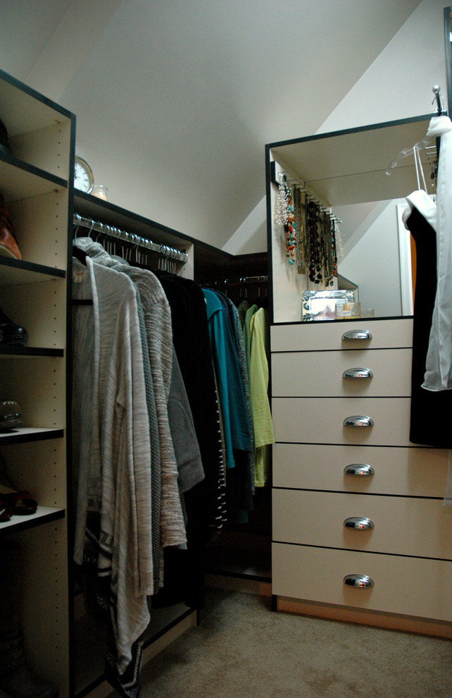 Inspiration for a small traditional women's walk-in wardrobe in Richmond with flat-panel cabinets, white cabinets and carpet.