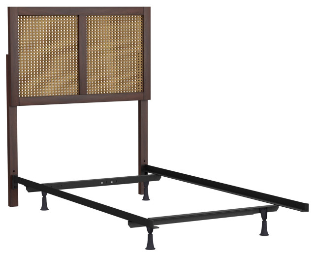 Coastal Platform Bed, Wood Frame & Wicker Cane Headboard Tropical