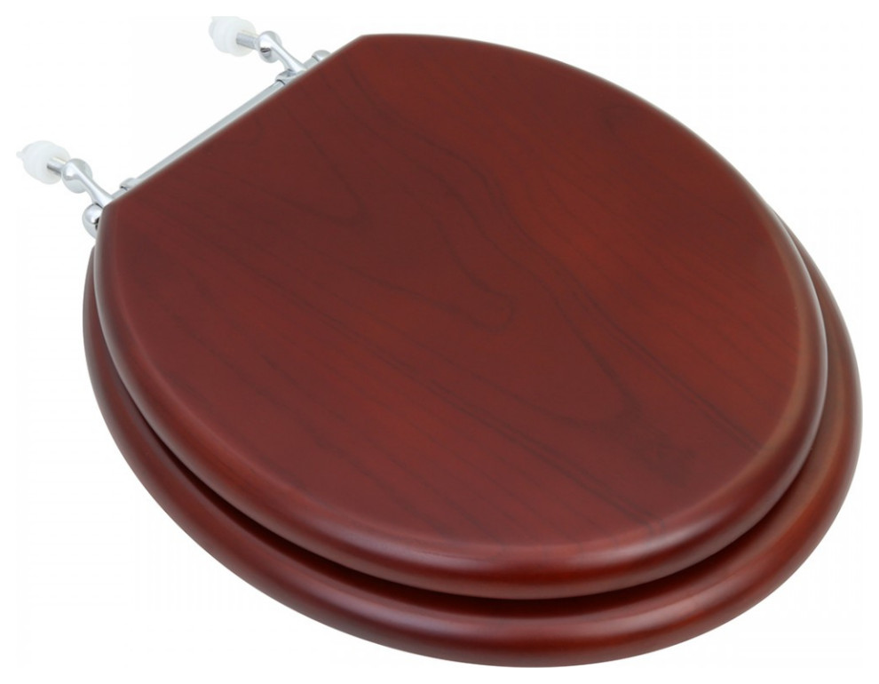 Cherry Finish Wooden Round Toilet Seat with Chrome Hinges and