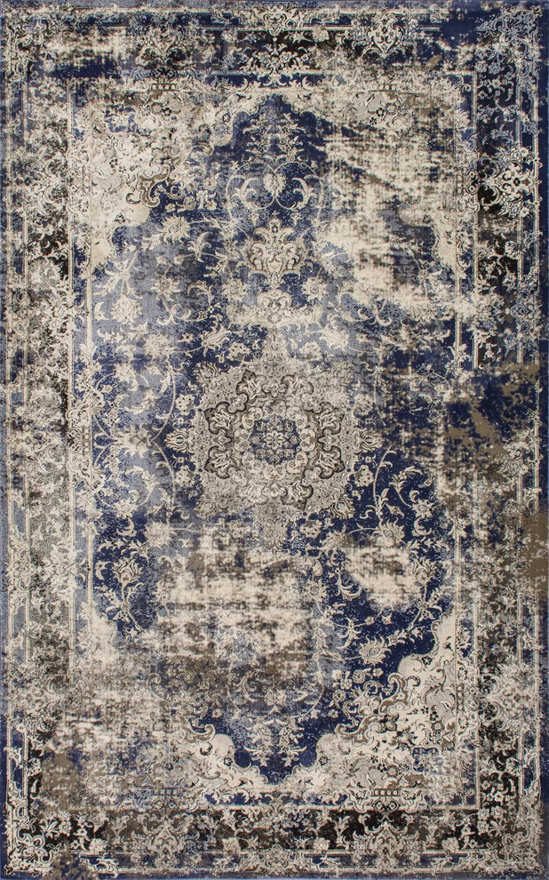Faded Crowned Rosette Area Rug, Blue, 8'x10'