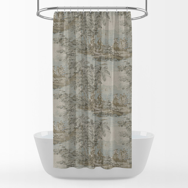 Bosporus Flax Toile Blue Shower Curtain Tropical Shower