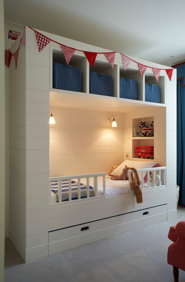 Transitional kids' bedroom in London with white walls and carpet for boys and kids 4-10 years old.
