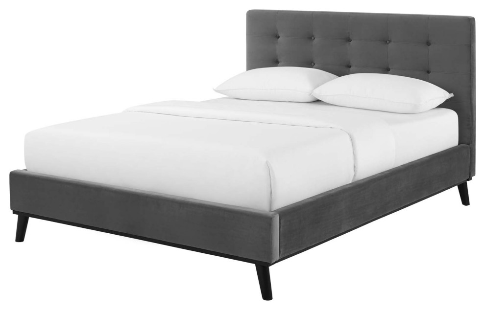 Tufted Platform Bed Frame, Queen Size, Gray, Velvet, Modern, Mid