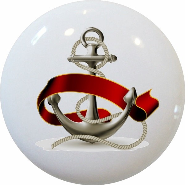 Anchor Red Ribbon Nautical Ceramic Cabinet Dresser Drawer Knob