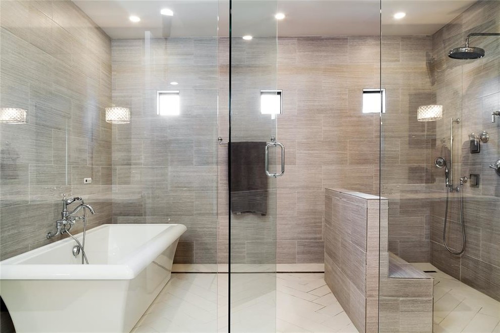 Inspiration for a large contemporary master wet room bathroom in Houston with an alcove tub, grey walls, ceramic floors, an undermount sink, white floor, white benchtops, recessed-panel cabinets, grey cabinets, gray tile, ceramic tile, marble benchtops and a hinged shower door.