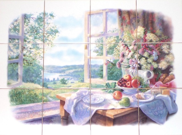 Flower Garden Window Kiln Fired Ceramic Tile Mural Fox Gloves 12 Piece Set