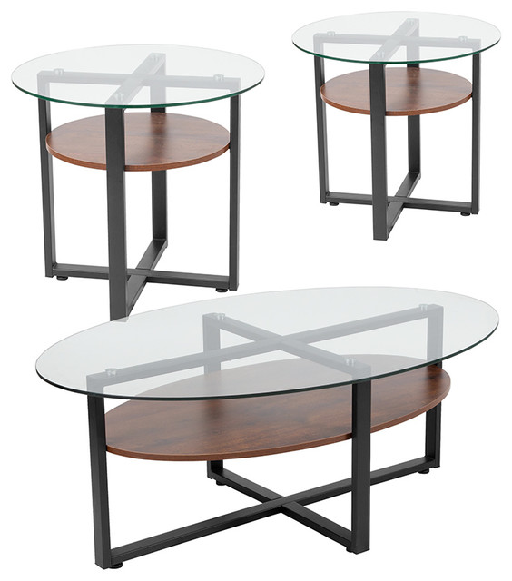 3 Piece Coffee and End Table Set with Glass Tops and Rustic Oak Wood Shelves - Transitional ...