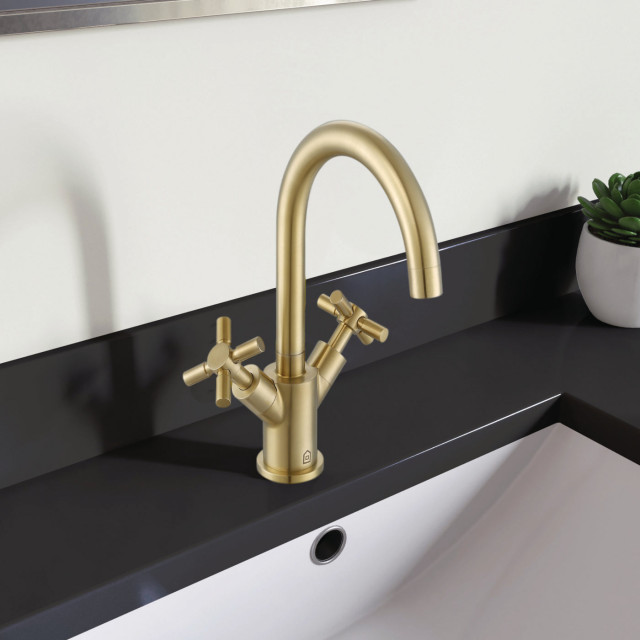 Prima Cross-Handle 1-Hole Bathroom Faucet in Brushed Champagne Gold ...