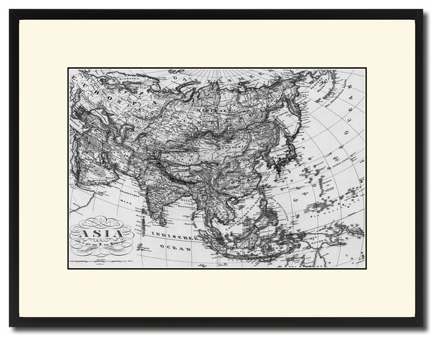 Asia Vintage Old B W Map Print On Canvas With Black Custom Frame