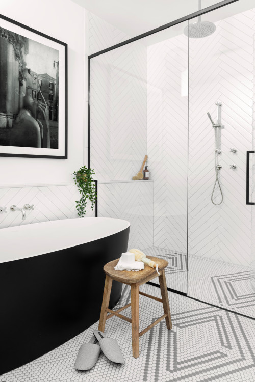 Timeless Appeal: White Shower Penny Tile Ideas Convey a Concept of Black and White