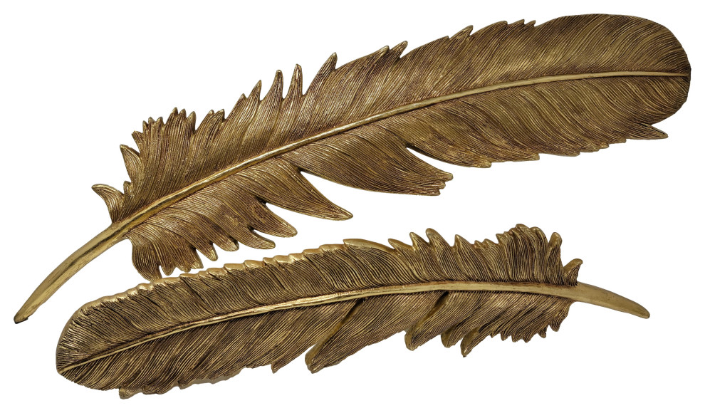 Luxe 35" Tall Gold Feather Wall Decor, 2Piece Set Contemporary