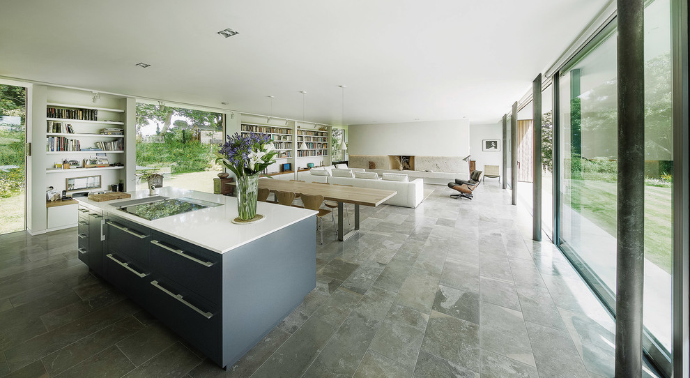 Contemporary open plan kitchen in Hampshire with flat-panel cabinets, grey cabinets, quartzite benchtops and with island.