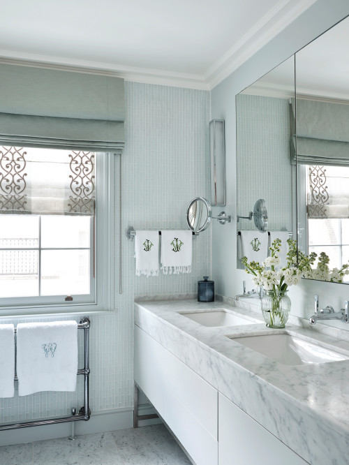 Charming Hues: Blue Mosaic Tile Walls and Flat Panels for a Distinctive Bathroom Vanity