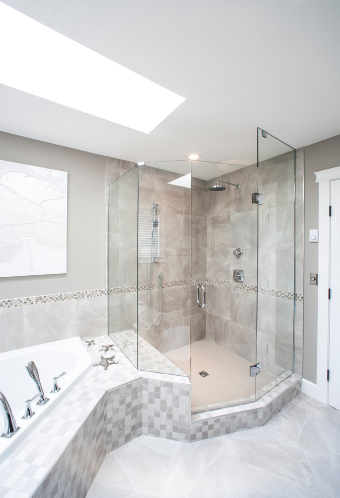Drop-in bathtub - large transitional master gray tile and porcelain tile porcelain tile and gray floor drop-in bathtub idea with gray walls and a hinged shower door