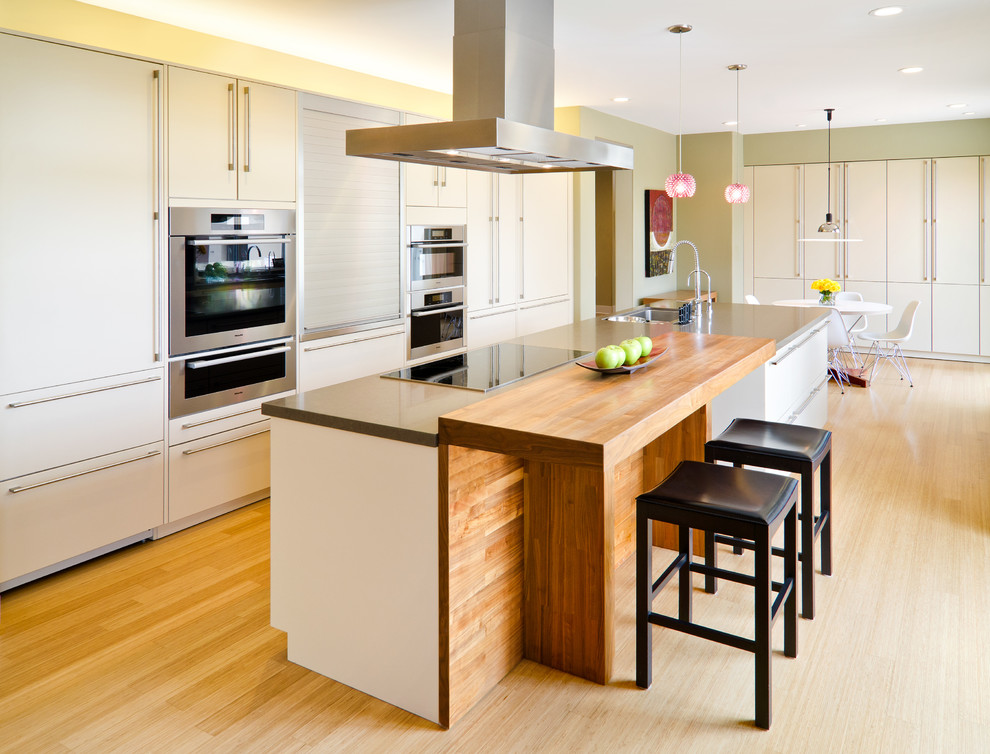 Large contemporary galley eat-in kitchen in San Francisco with an undermount sink, flat-panel cabinets, white cabinets, stainless steel appliances, bamboo floors, with island and quartzite benchtops.