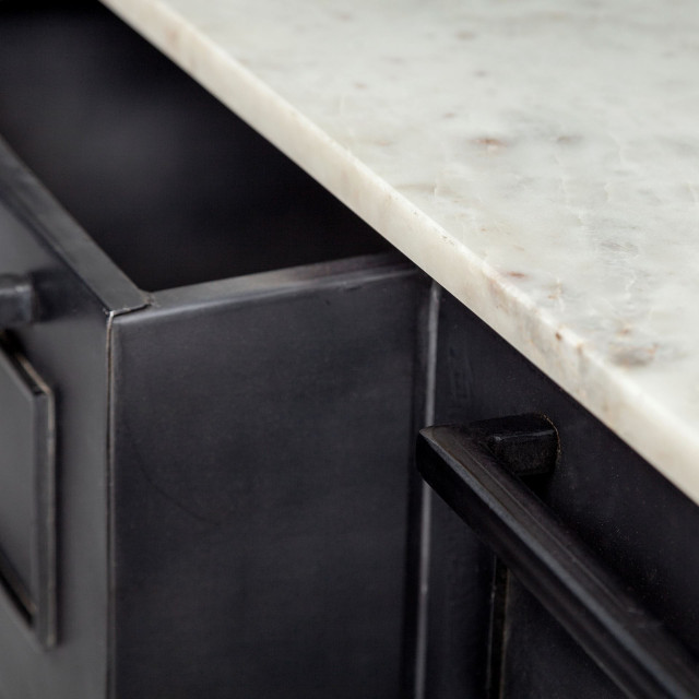 HomeRoots Solid Iron Black Body White Marble Top Kitchen Island With 4 ...