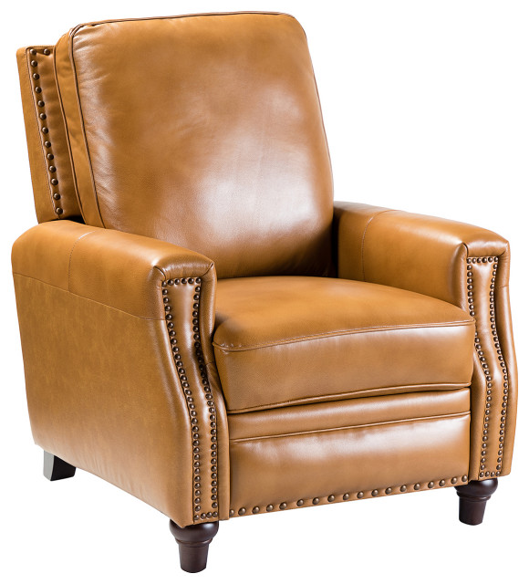 Comfy Cigar Genuine Leather Recliner With Nailhead Trim, Camel