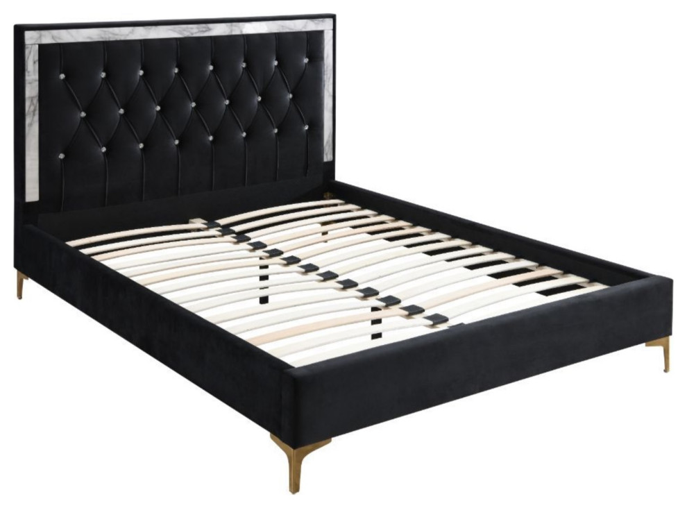 Queen Bed, Black Fabric Midcentury Platform Beds by Acme
