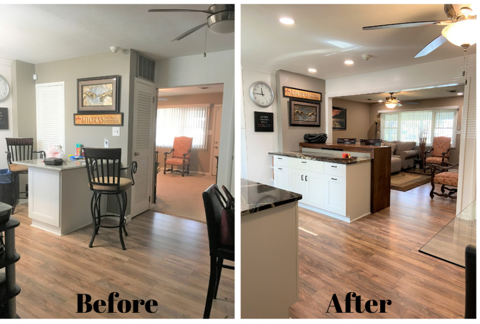 Example of a mid-sized transitional galley laminate floor and brown floor eat-in kitchen design with an undermount sink, recessed-panel cabinets, white cabinets, granite countertops, stainless steel appliances and multicolored countertops