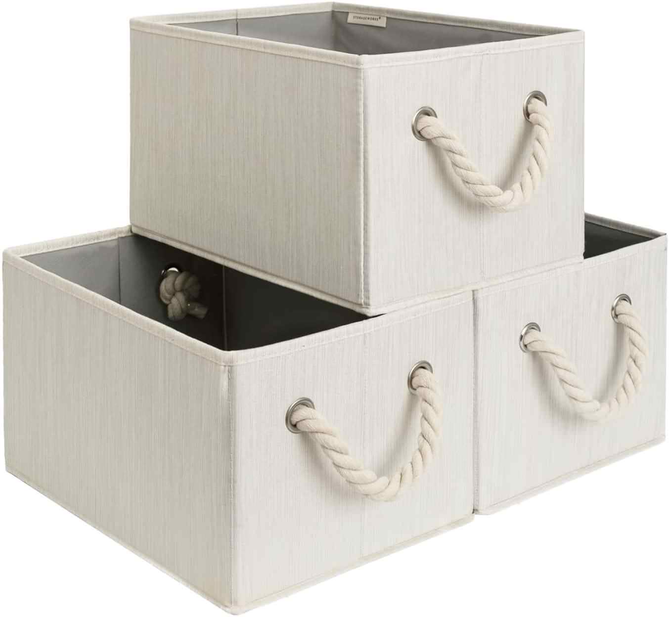 StorageWorks Large Storage Baskets for Organizing, Foldable Storage Baskets for Shelves, Fabric Storage Bins with Handles, Mixing of Beige, White & Ivory, 3-Pack
