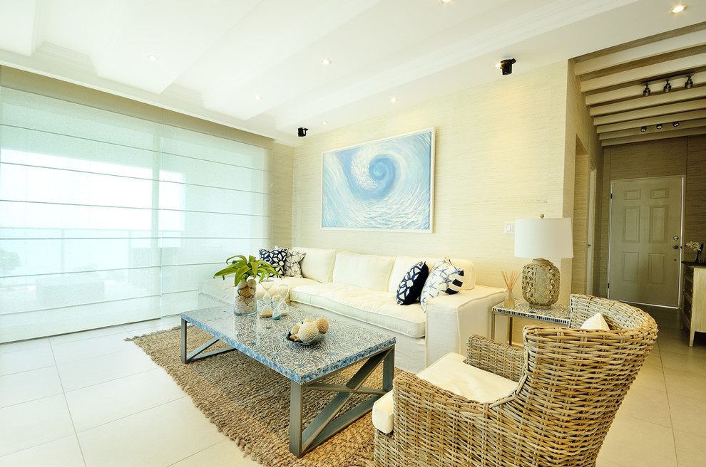 Inspiration for a beach style living room in Other with beige walls and ceramic floors.
